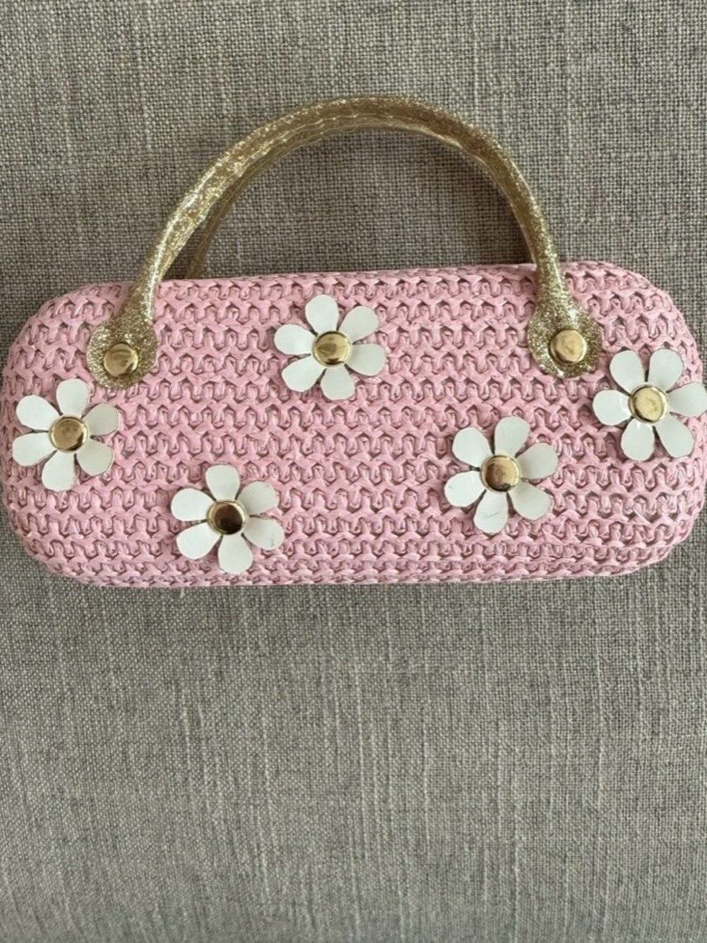 Pink Floral Woven Eyeglass Case with Gold Handles